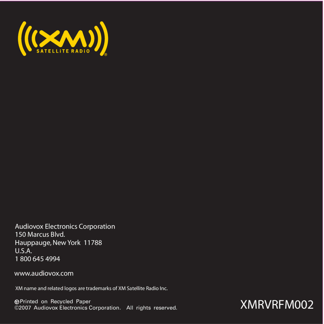 Audiovox XMRVRFM002 manual 