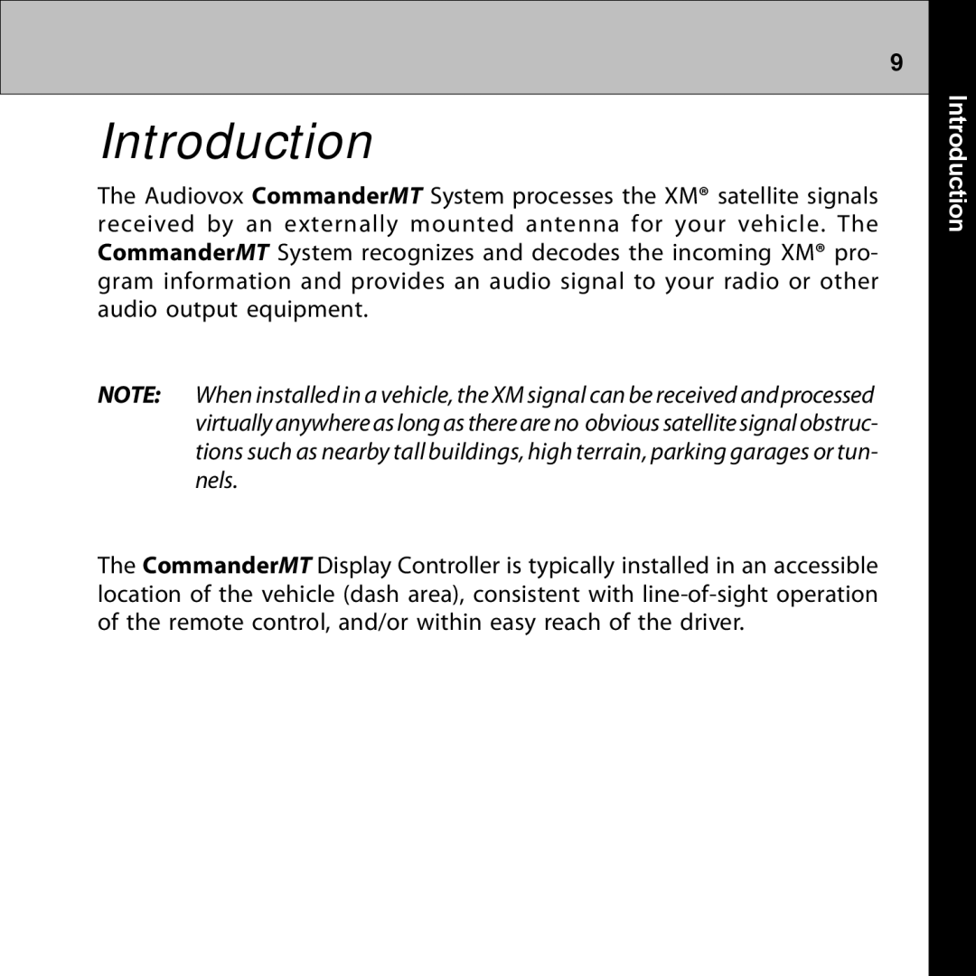 Audiovox XMRVRFM002 manual Introduction 