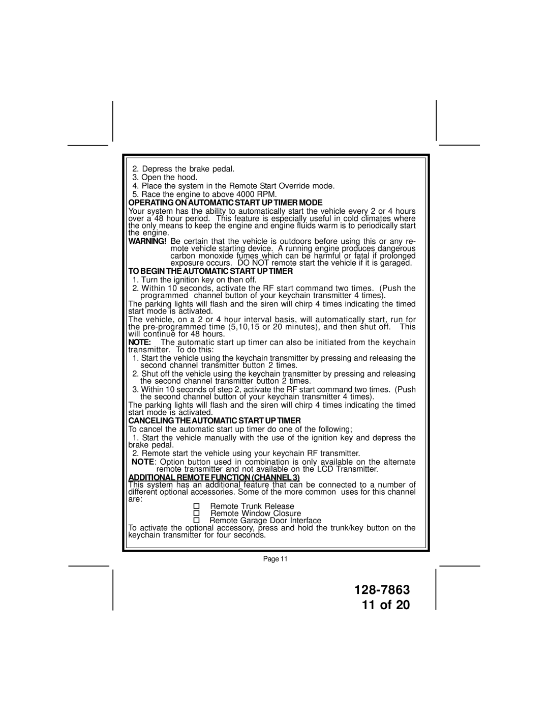 Audiovox XR9000 owner manual Operating on Automatic Start UP Timer Mode, To Begin the Automatic Start UP Timer 