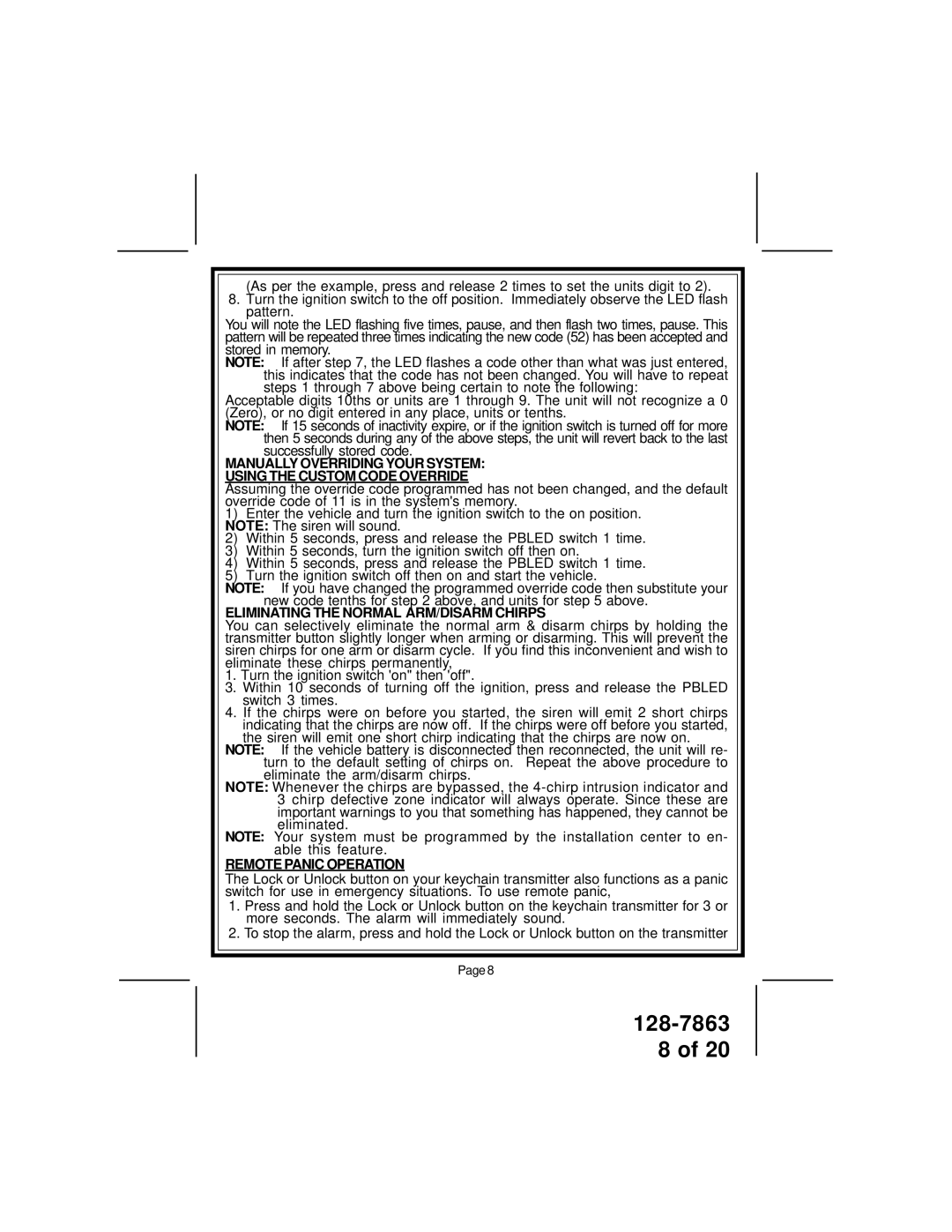 Audiovox XR9000 owner manual Eliminating the Normal ARM/DISARM Chirps, Remote Panic Operation 