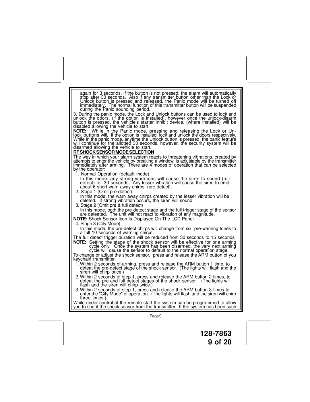 Audiovox XR9000 owner manual RF Shock Sensor Mode Selection 