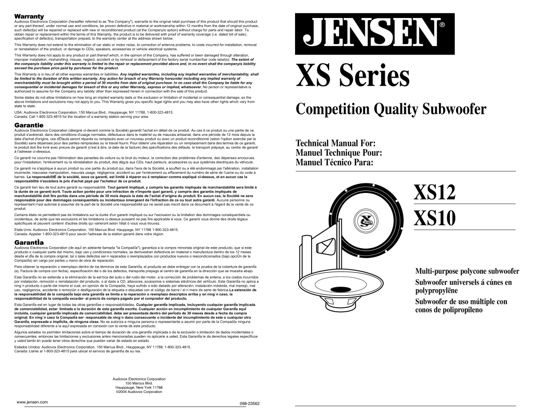 Audiovox XS10, XS12 technical manual XS Series 