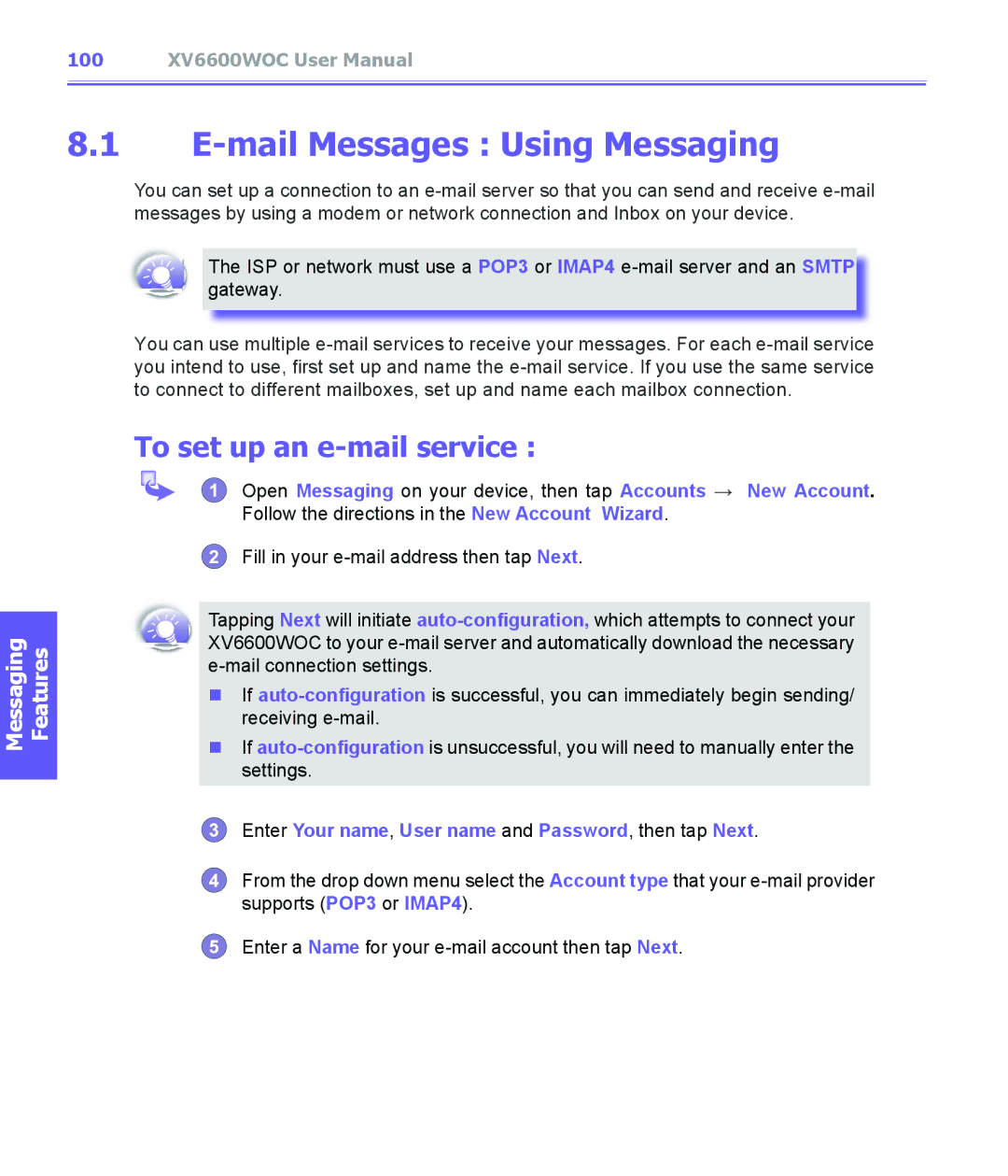 Audiovox XV6600WOC manual Mail Messages Using Messaging, To set up an e-mail service 