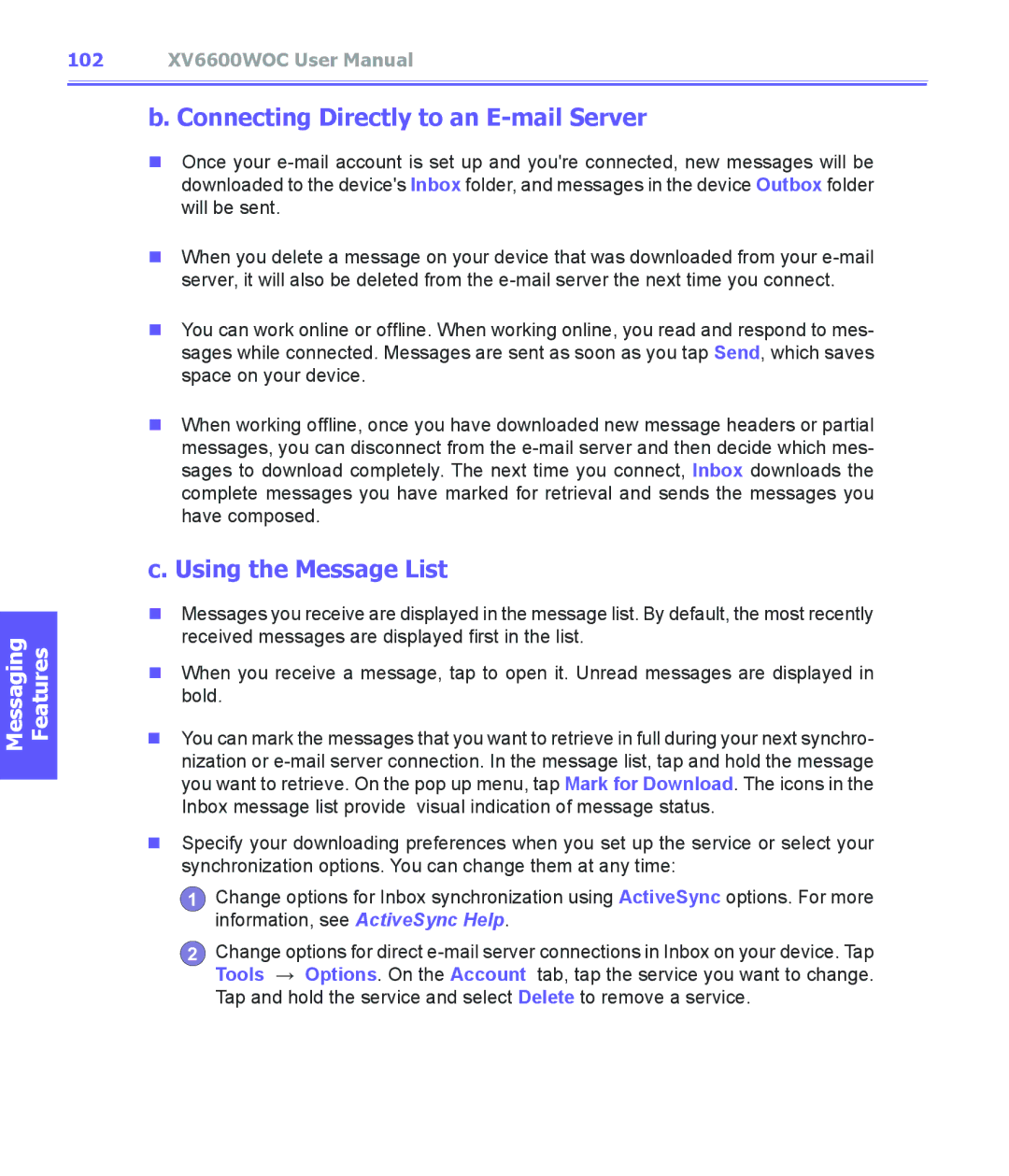 Audiovox XV6600WOC manual Connecting Directly to an E-mail Server, Using the Message List 