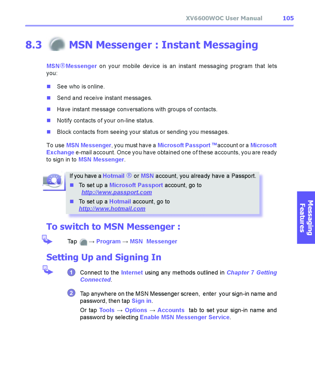 Audiovox XV6600WOC manual MSN Messenger Instant Messaging, To switch to MSN Messenger, Setting Up and Signing, 105 