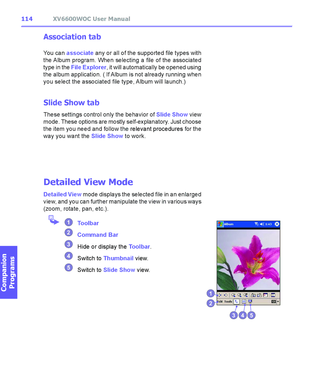 Audiovox XV6600WOC manual Detailed View Mode, Association tab, Slide Show tab, Toolbar Command Bar 