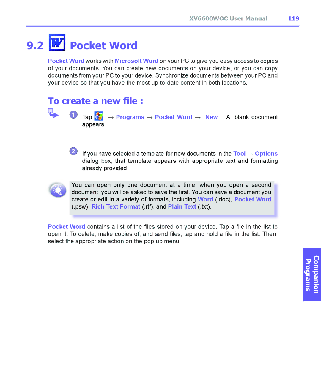 Audiovox XV6600WOC manual To create a new file, 119, → Programs → Pocket Word → New . a blank document 