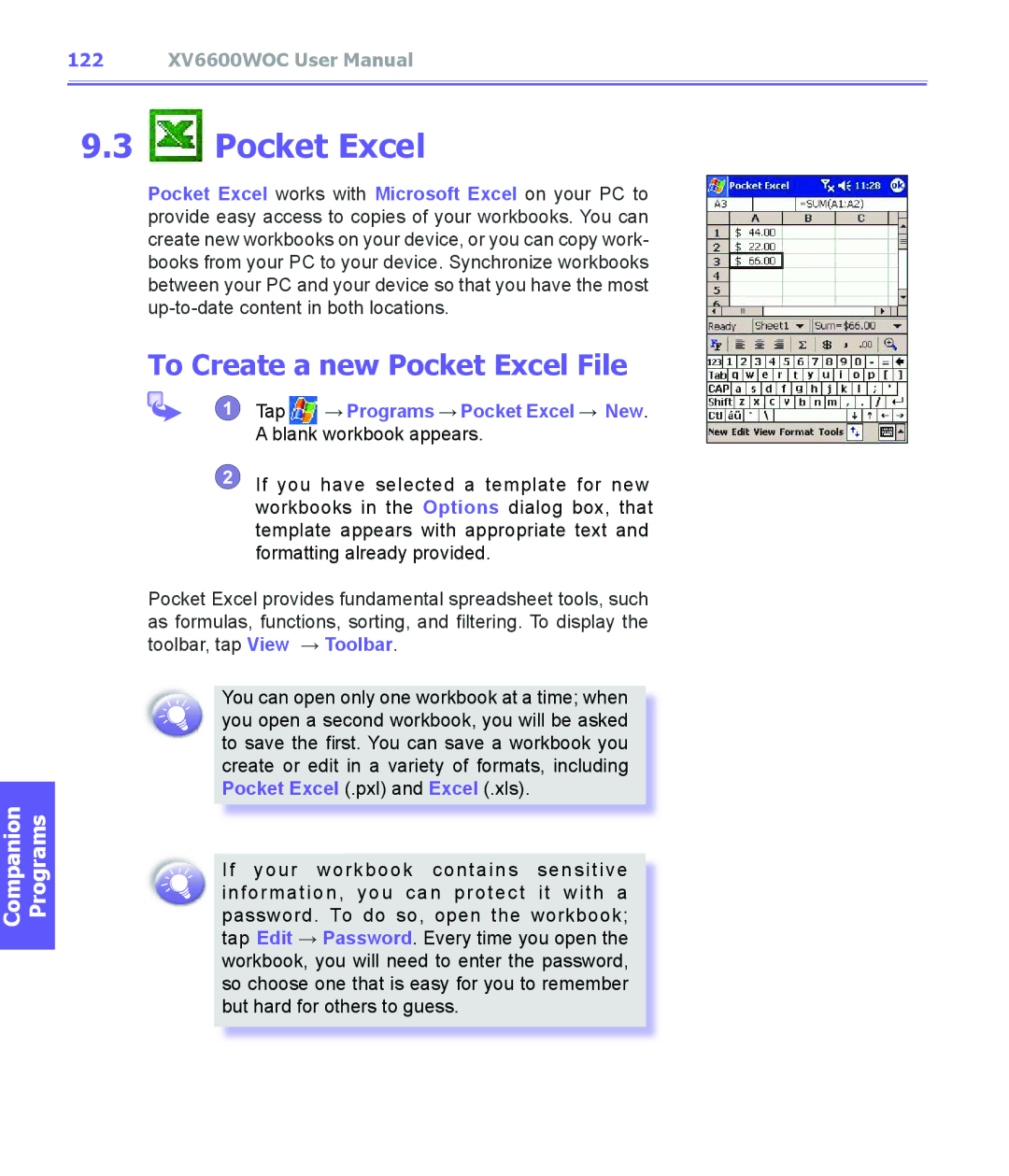 Audiovox XV6600WOC manual To Create a new Pocket Excel File 