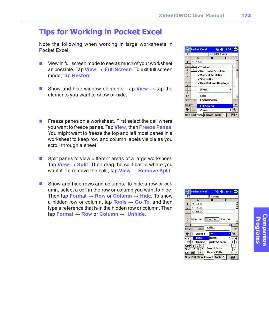 Audiovox XV6600WOC manual Tips for Working in Pocket Excel, 123 