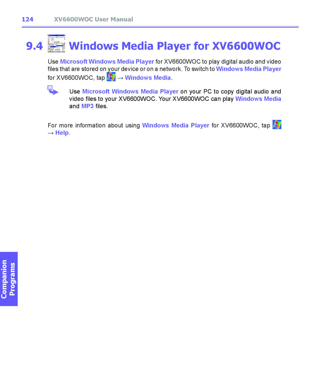 Audiovox manual Windows Media Player for XV6600WOC, For XV6600WOC, tap → Windows Media 