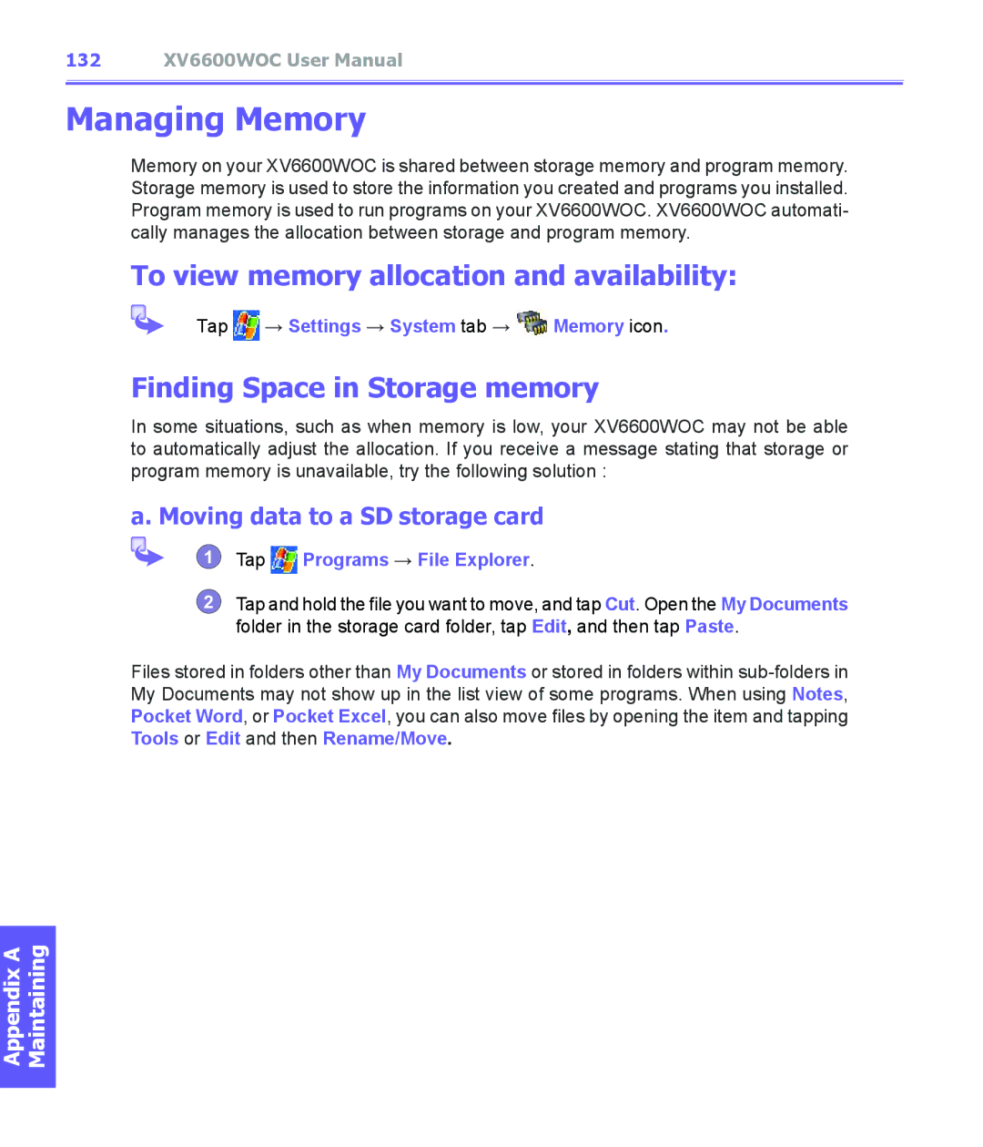 Audiovox XV6600WOC manual Managing Memory, To view memory allocation and availability, Finding Space in Storage memory 