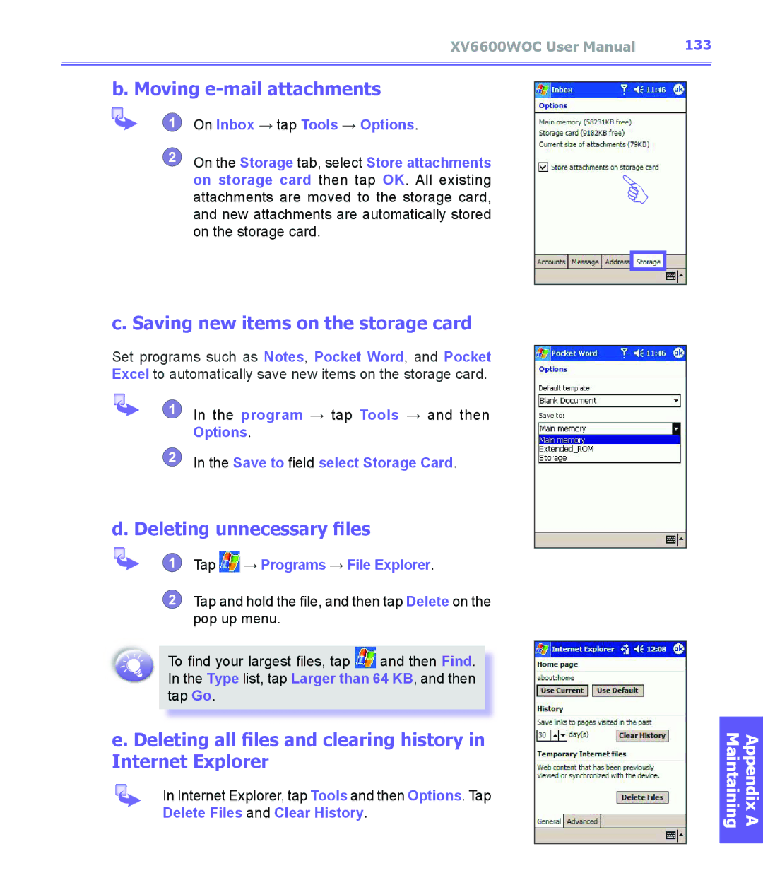 Audiovox XV6600WOC manual Moving e-mail attachments, Saving new items on the storage card, Deleting unnecessary files, 133 