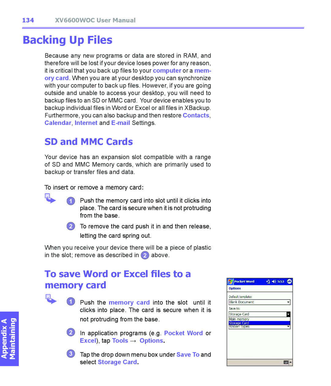 Audiovox XV6600WOC manual Backing Up Files, SD and MMC Cards, To save Word or Excel files to a memory card 