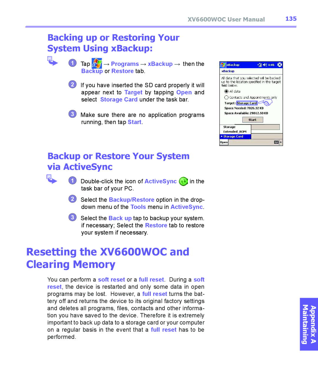 Audiovox manual Resetting the XV6600WOC and Clearing Memory, Backing up or Restoring Your System Using xBackup, 135 