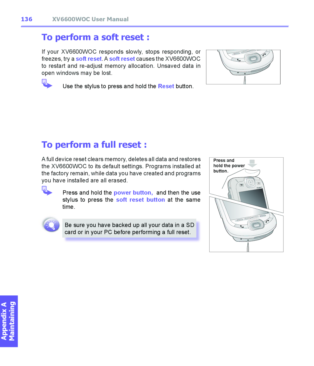 Audiovox XV6600WOC manual To perform a soft reset, To perform a full reset 