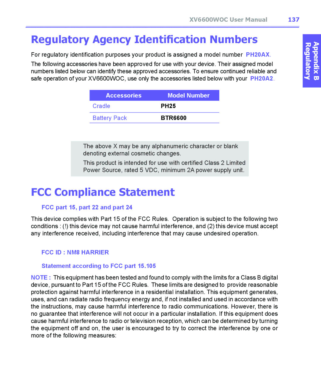 Audiovox XV6600WOC manual Regulatory Agency Identification Numbers, FCC Compliance Statement, 137 