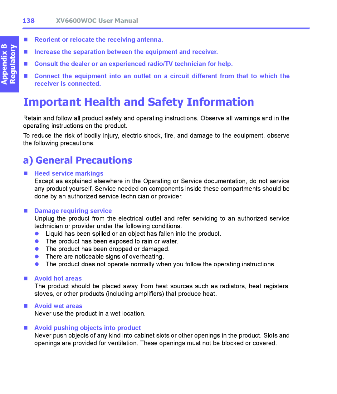 Audiovox XV6600WOC manual Important Health and Safety Information, General Precautions 