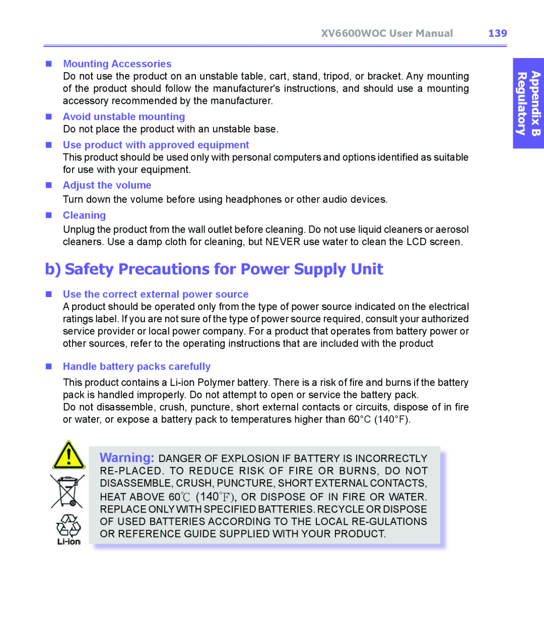 Audiovox XV6600WOC manual Safety Precautions for Power Supply Unit, 139 