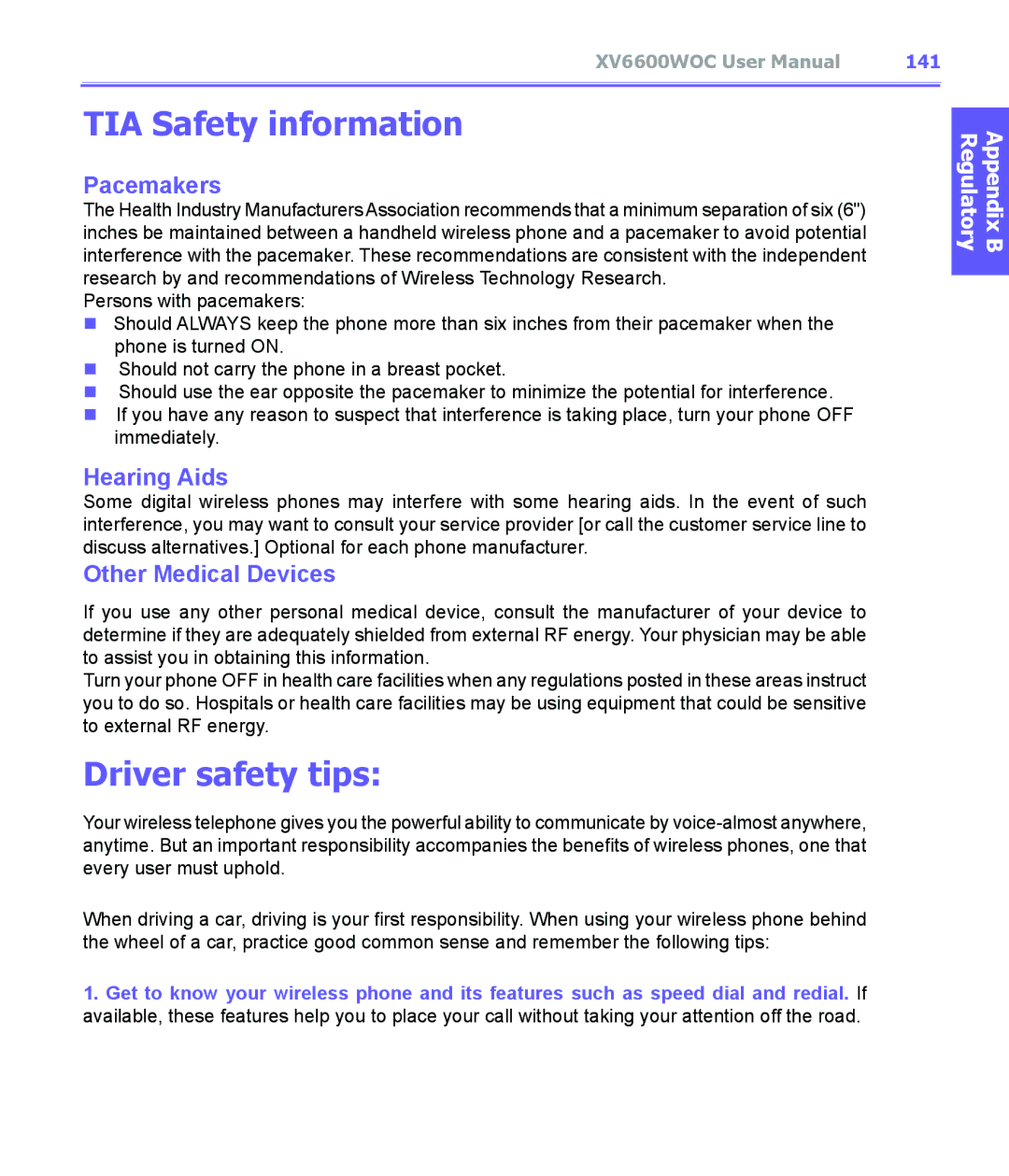 Audiovox XV6600WOC manual TIA Safety information, Driver safety tips, 141 