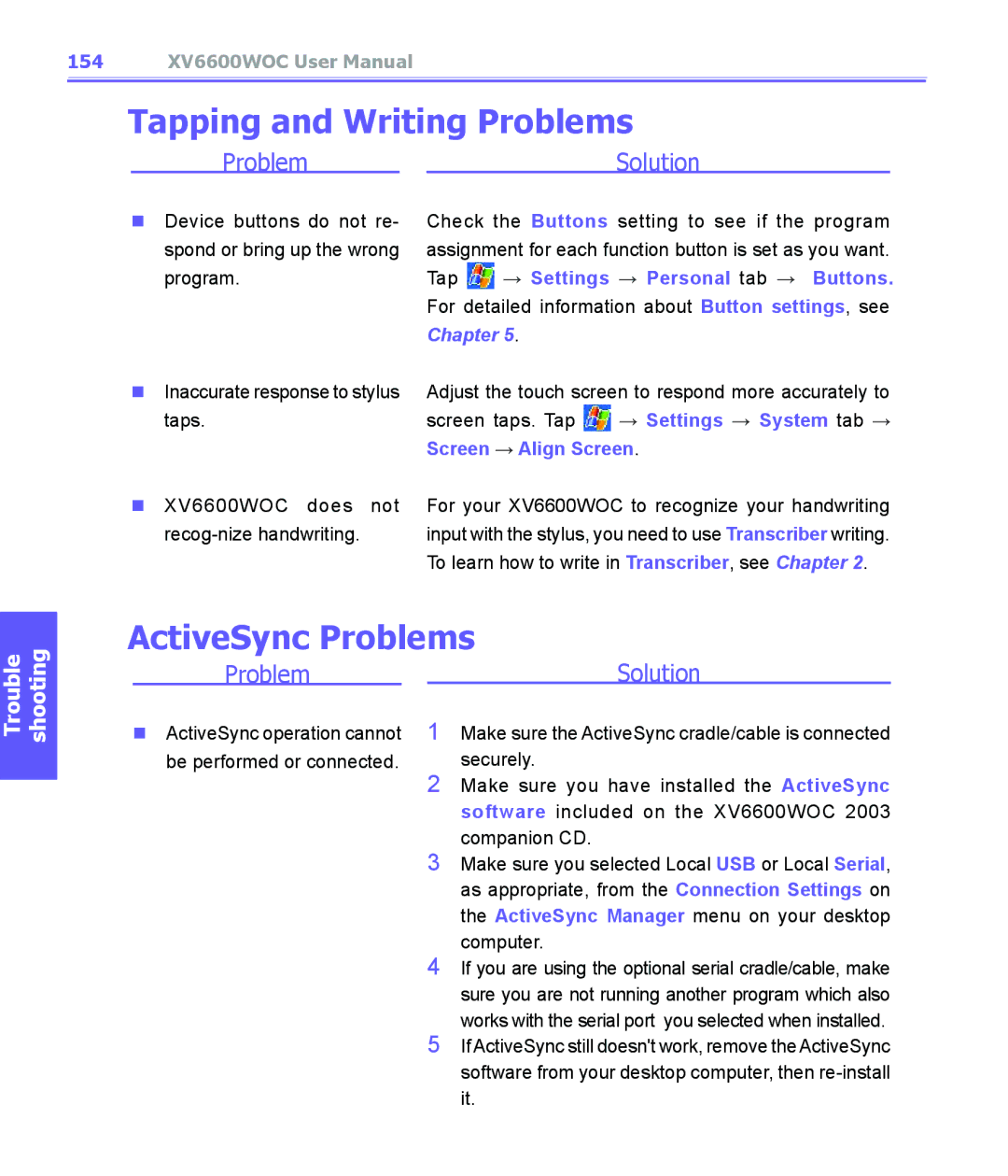 Audiovox XV6600WOC manual Tapping and Writing Problems, ActiveSync Problems, → Settings → Personal tab → Buttons 