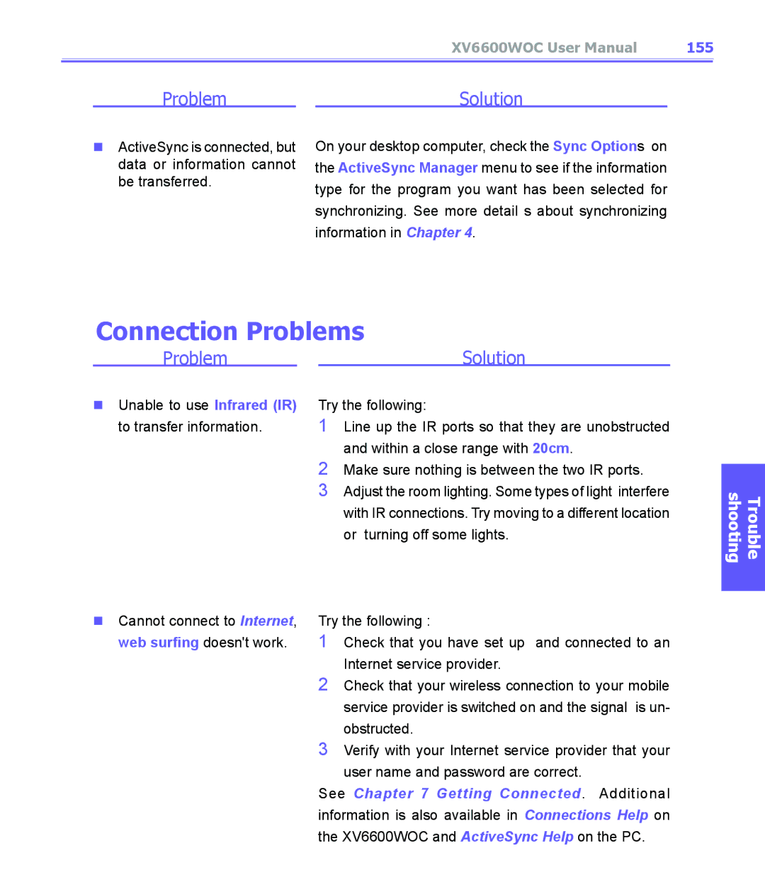 Audiovox XV6600WOC manual Connection Problems, 155 