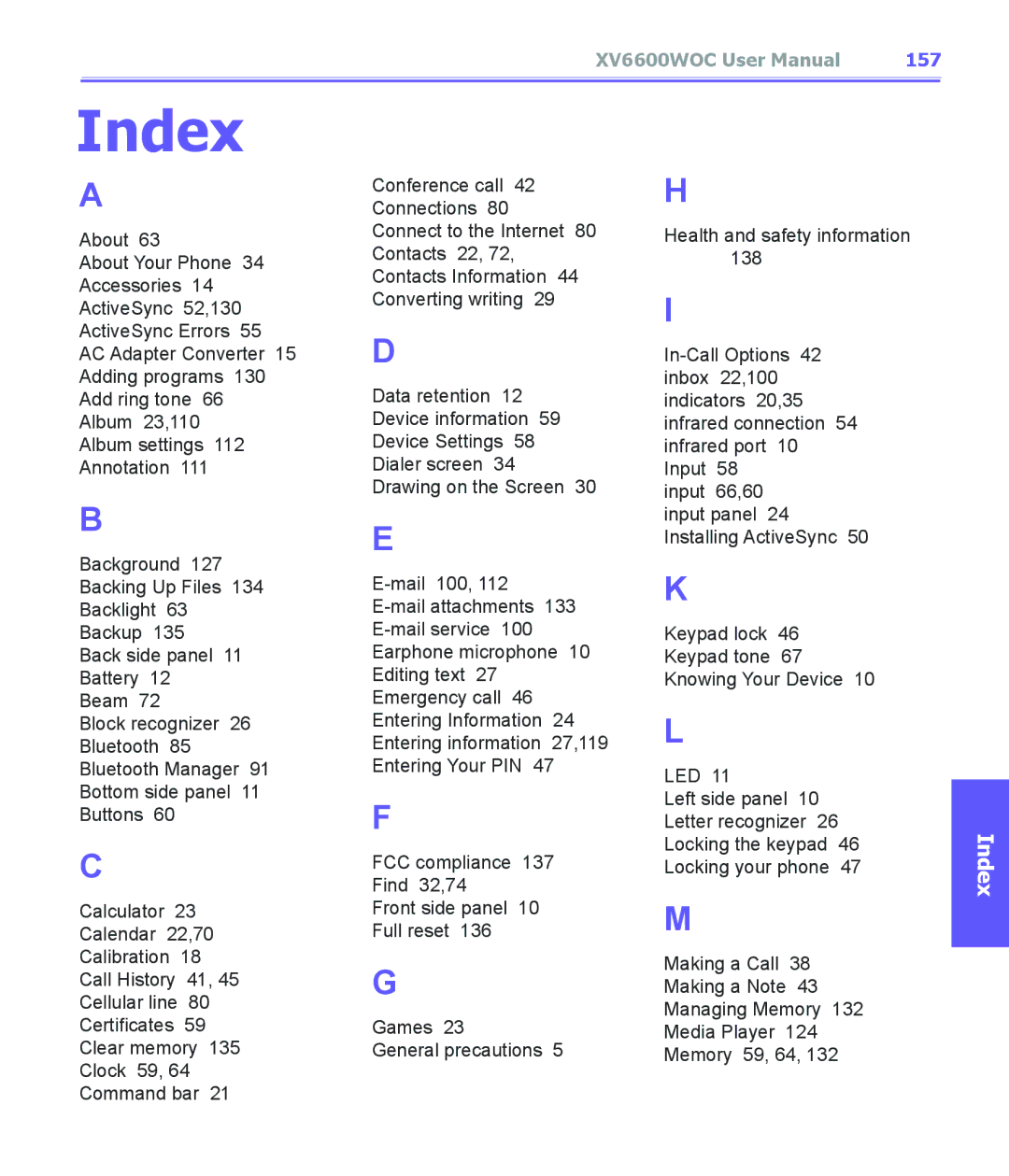 Audiovox XV6600WOC manual Index, 157 