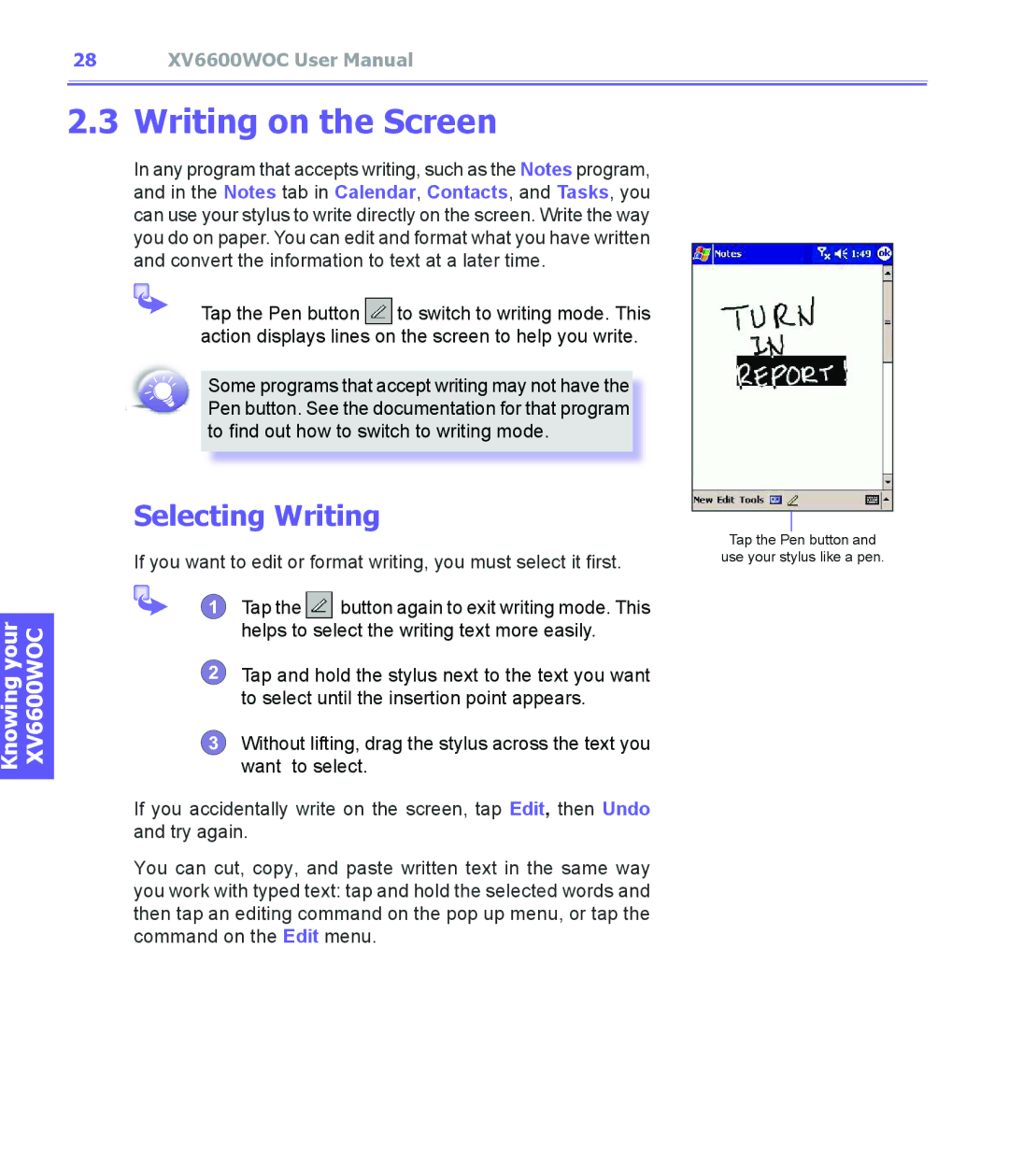 Audiovox XV6600WOC manual Writing on the Screen, Selecting Writing 