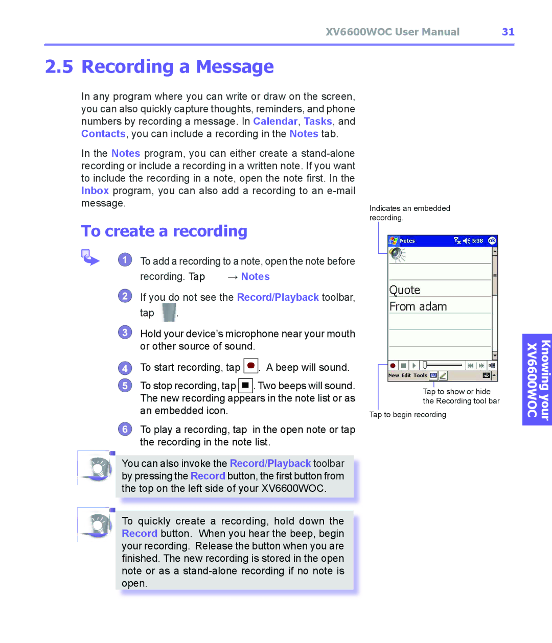 Audiovox XV6600WOC manual Recording a Message, To create a recording 