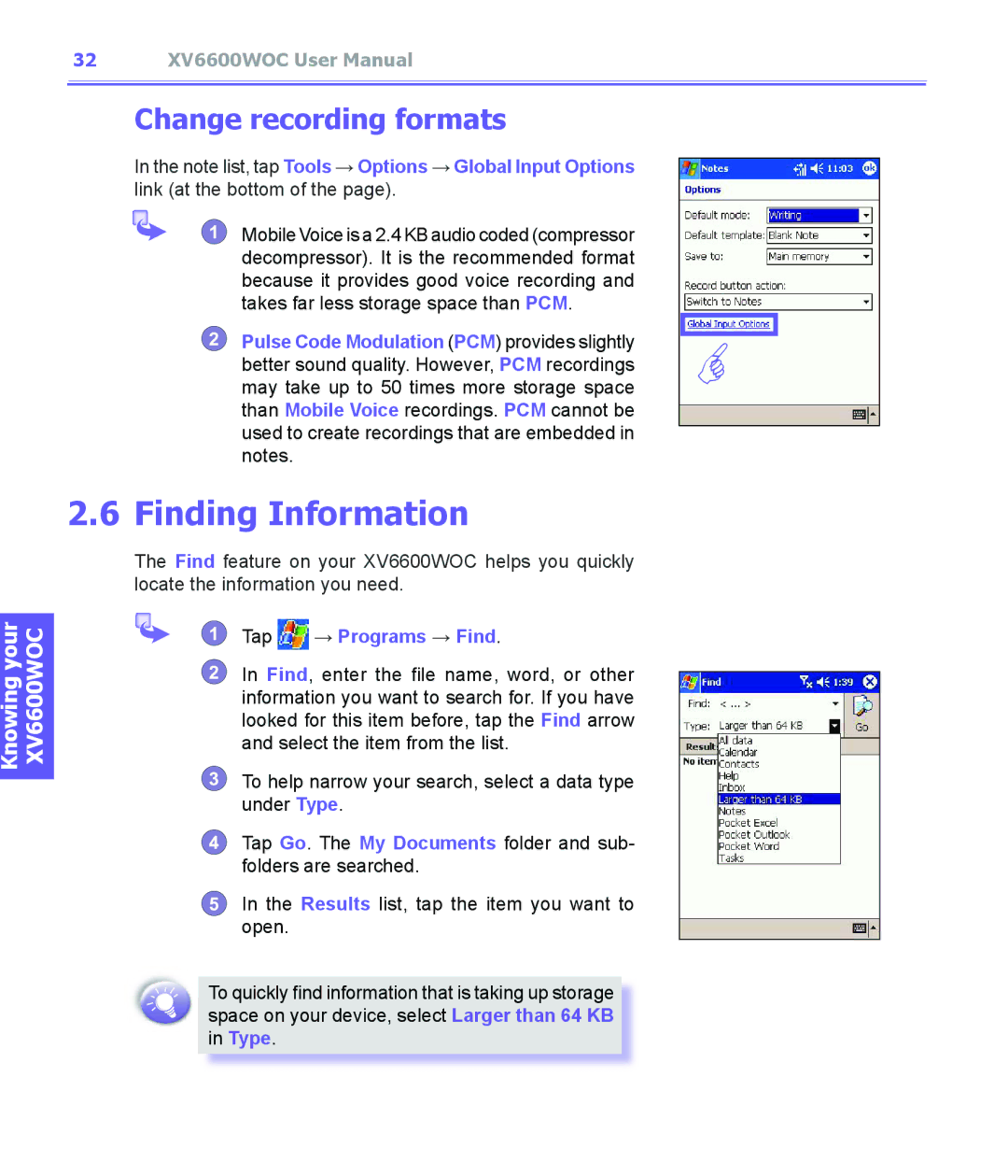 Audiovox XV6600WOC manual Finding Information, Change recording formats, Tap → Programs → Find 