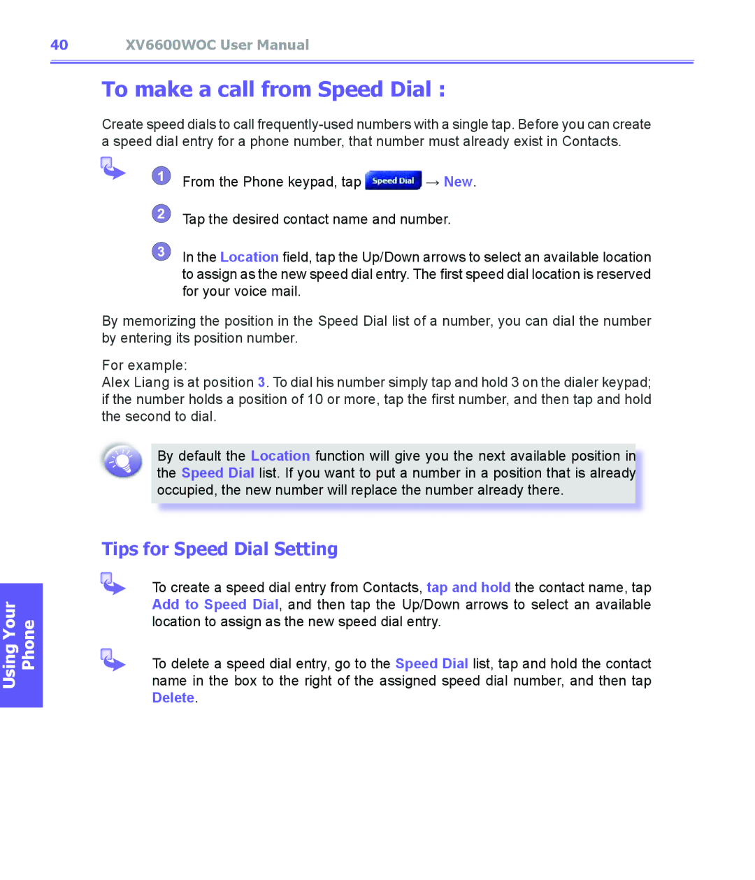 Audiovox XV6600WOC manual To make a call from Speed Dial, Tips for Speed Dial Setting 