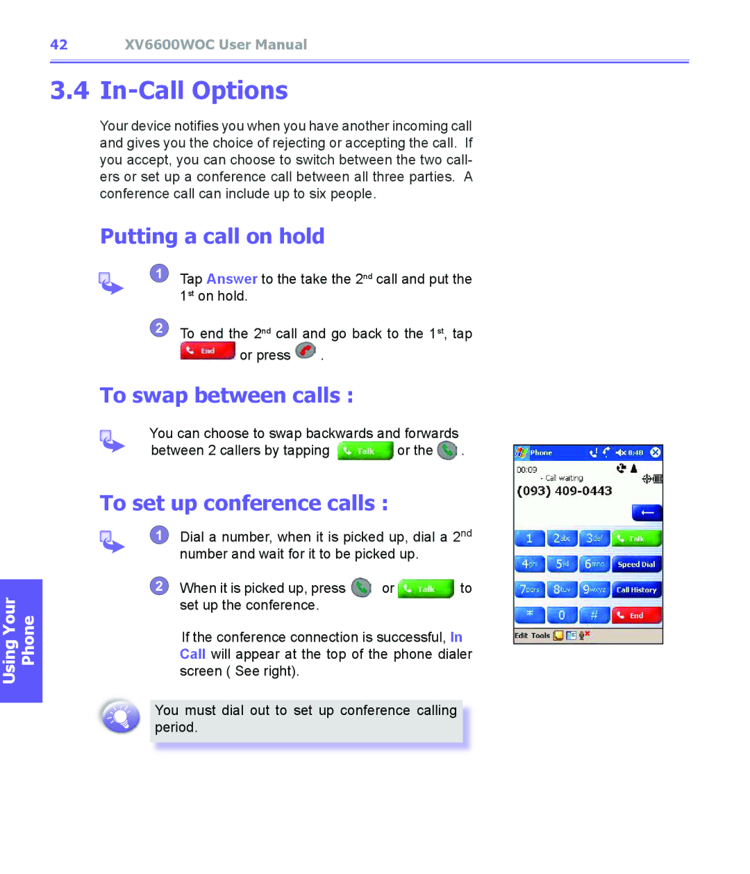 Audiovox XV6600WOC manual In-Call Options, Putting a call on hold, To swap between calls, To set up conference calls 