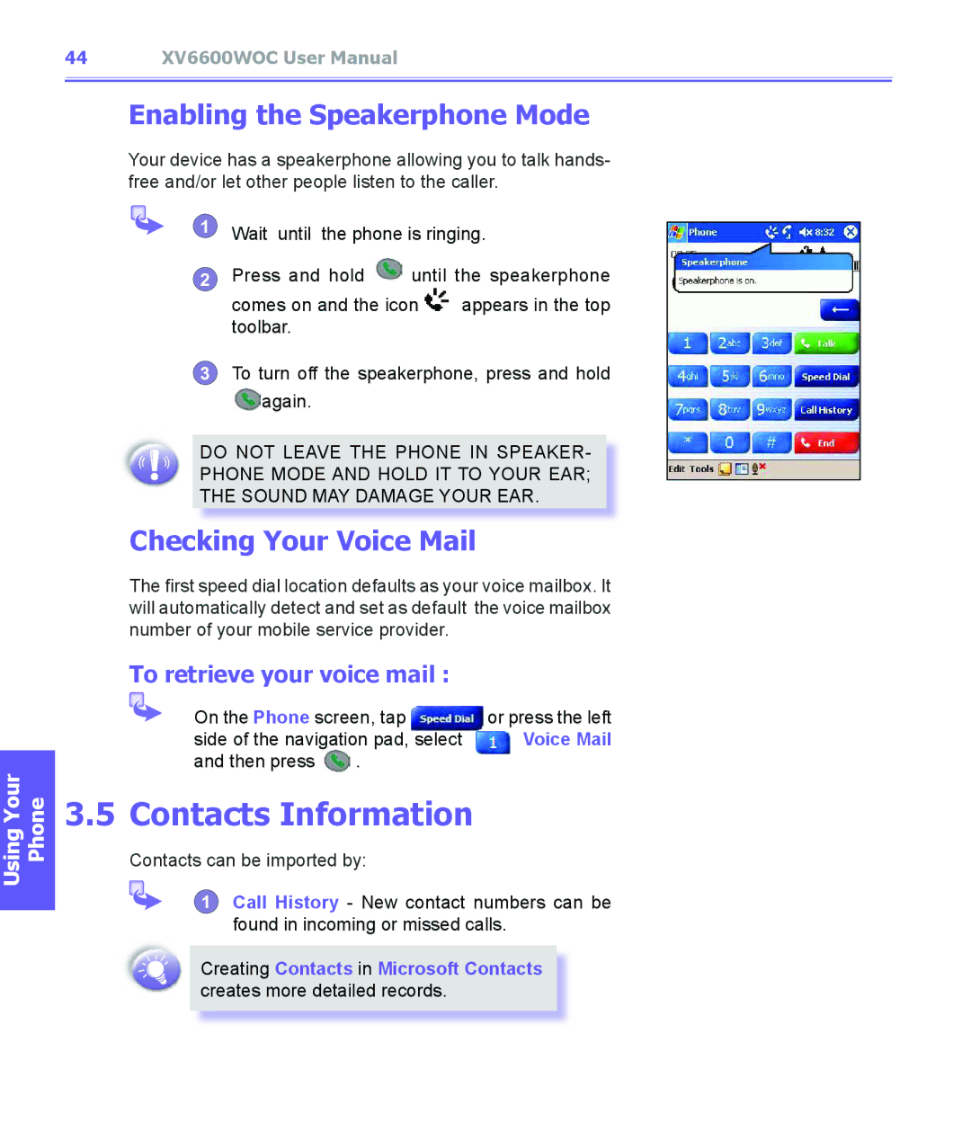 Audiovox XV6600WOC manual Contacts Information, Enabling the Speakerphone Mode, Checking Your Voice Mail 