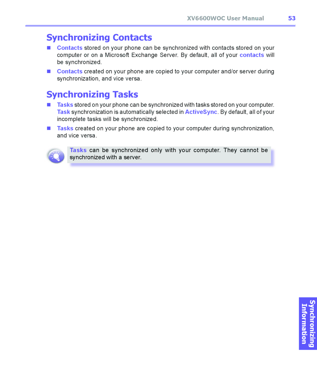 Audiovox XV6600WOC manual Synchronizing Contacts, Synchronizing Tasks 