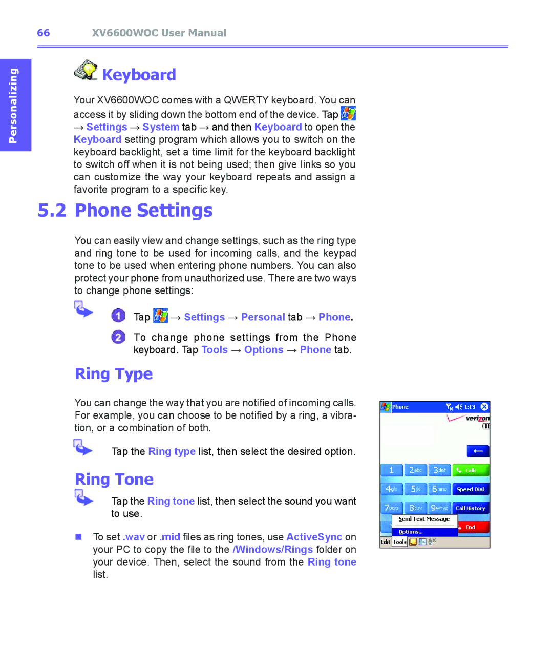 Audiovox XV6600WOC manual Phone Settings, Keyboard, Ring Type, Ring Tone, Tap → Settings → Personal tab → Phone 