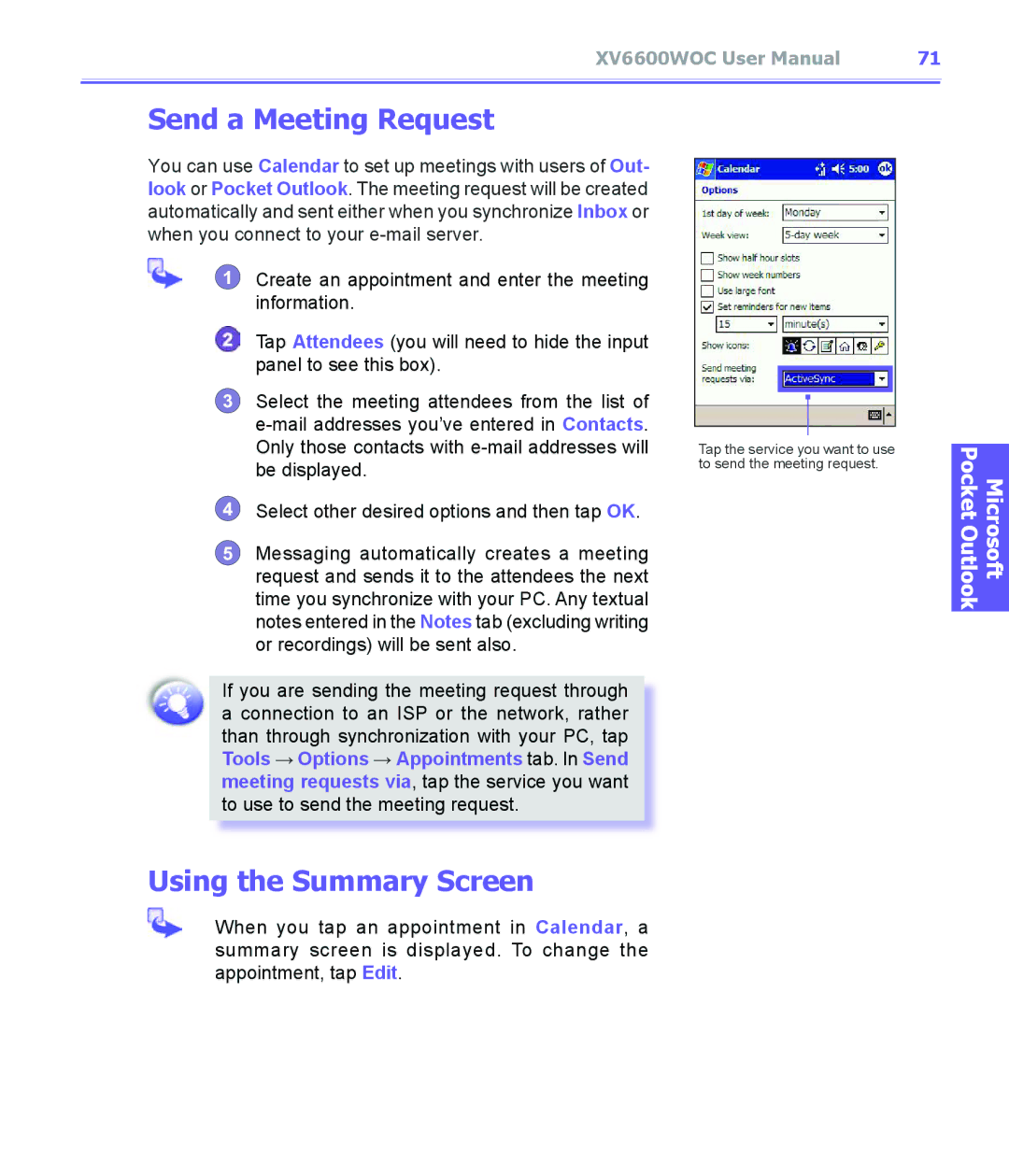 Audiovox XV6600WOC manual Send a Meeting Request, Using the Summary Screen 