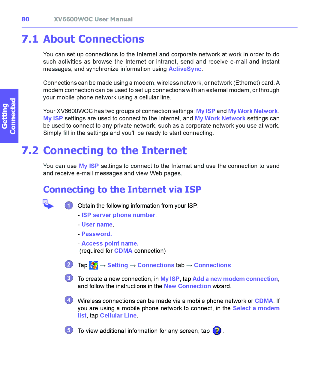 Audiovox XV6600WOC manual About Connections, Connecting to the Internet via ISP 