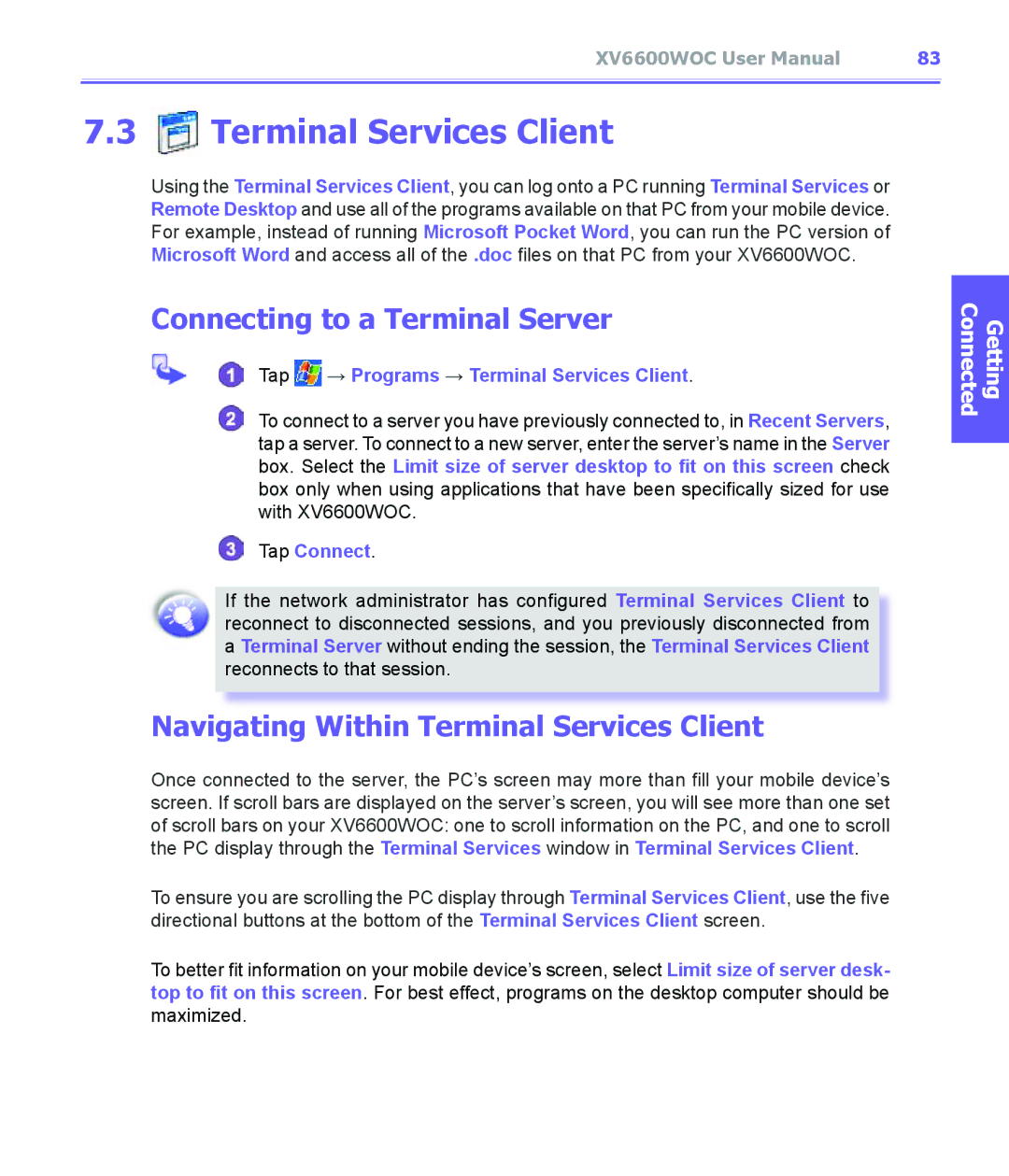 Audiovox XV6600WOC manual Connecting to a Terminal Server, Navigating Within Terminal Services Client, Tap Connect 