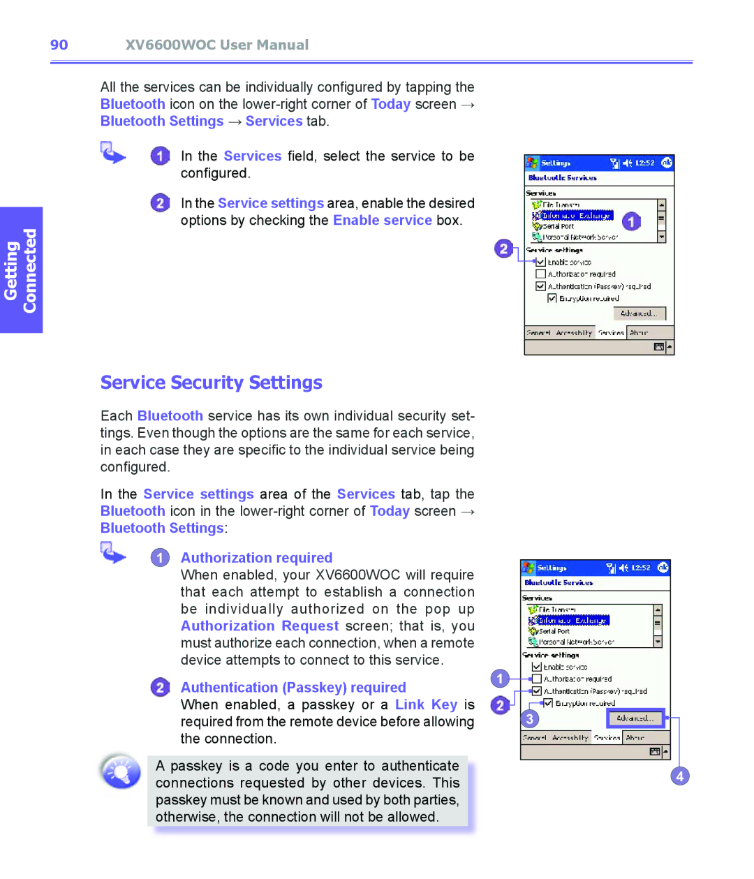 Audiovox XV6600WOC manual Service Security Settings, Authentication Passkey required 