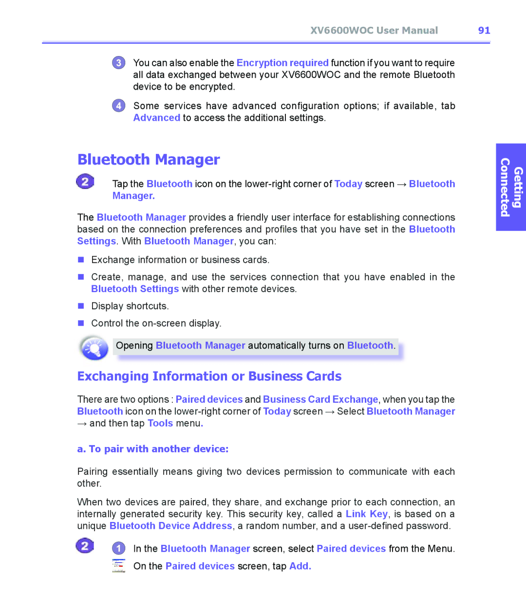 Audiovox XV6600WOC manual Bluetooth Manager, Exchanging Information or Business Cards, To pair with another device 