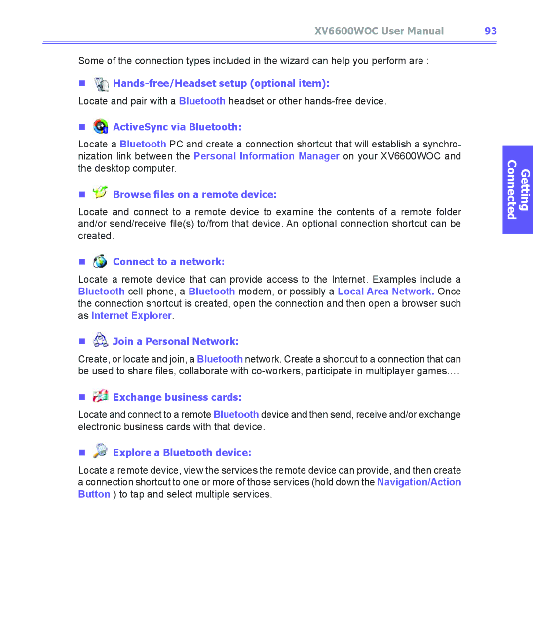 Audiovox XV6600WOC manual Hands-free/Headset setup optional item, ActiveSync via Bluetooth, Browse files on a remote device 