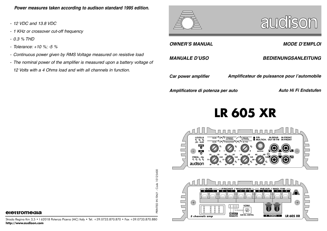 Audison LR 605 XR manual Mode D’EMPLOI, Manuale D’USO 