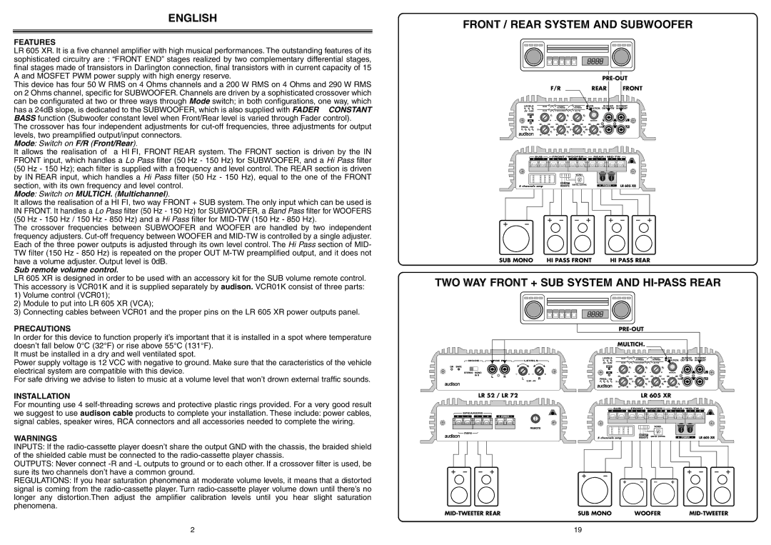 Audison LR 605 XR manual English, Front / Rear System and Subwoofer, TWO WAY Front + SUB System and HI-PASS Rear 