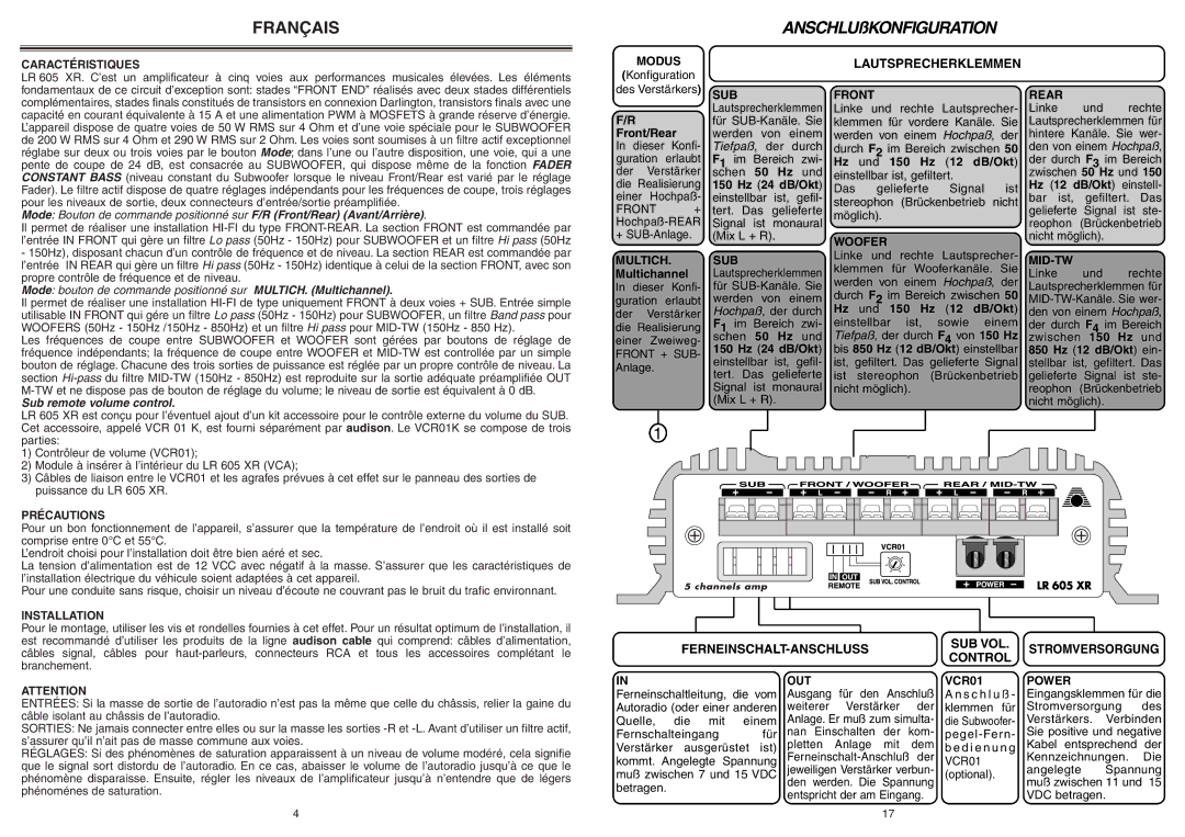 Audison LR 605 XR manual Français, Lautsprecherklemmen, Ferneinschalt-Anschluss Sub Vol, Control 