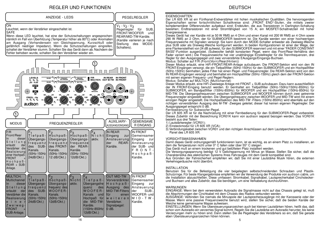 Audison LR 605 XR manual Regler UND Funktionen, Deutsch, Anzeige Leds, Pegelregler, Modusfrequenzregler 
