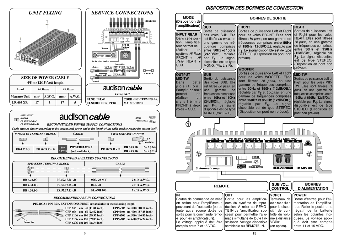 Audison LR 605 XR Disposition DES Bornes DE Connection, Mode Bornes DE Sortie, Remote SUB VOL Bornes Control ’ALIMENTATION 