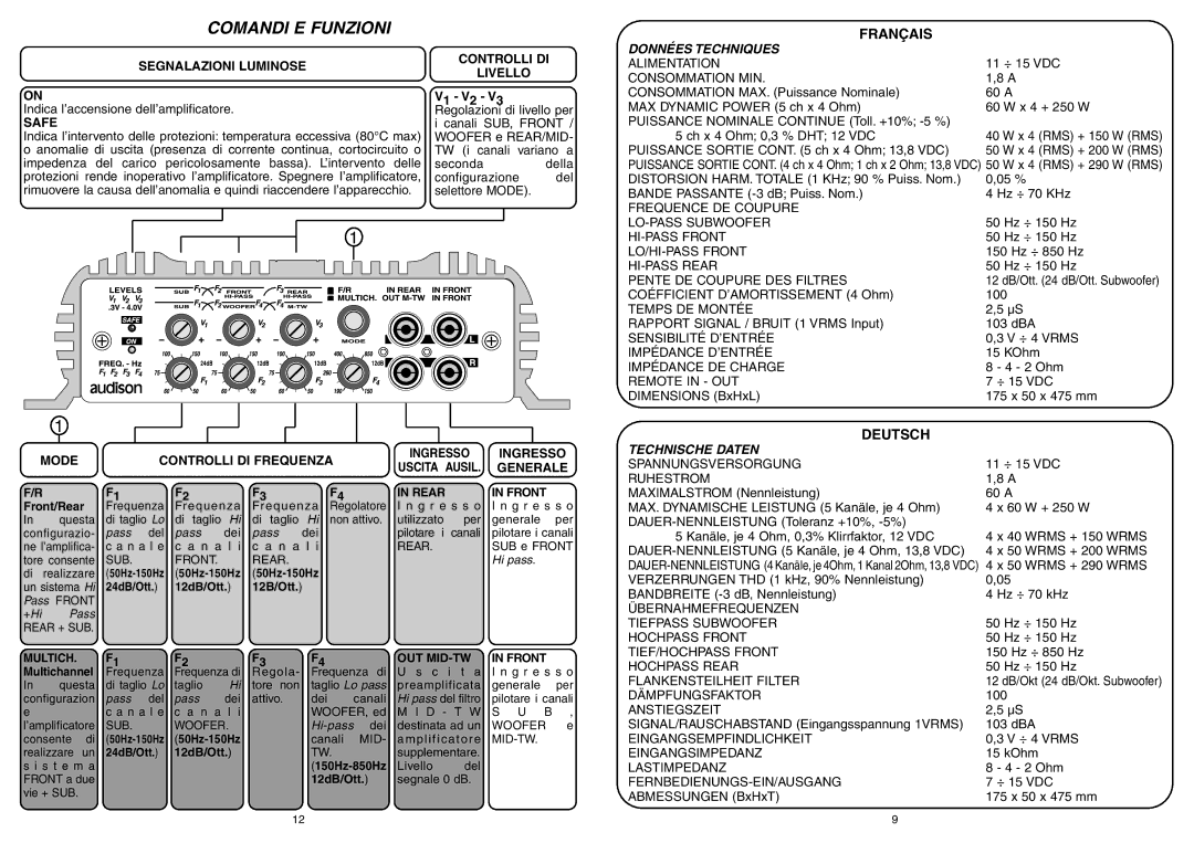 Audison LR 605 XR manual Comandi E Funzioni, Données Techniques, Technische Daten 