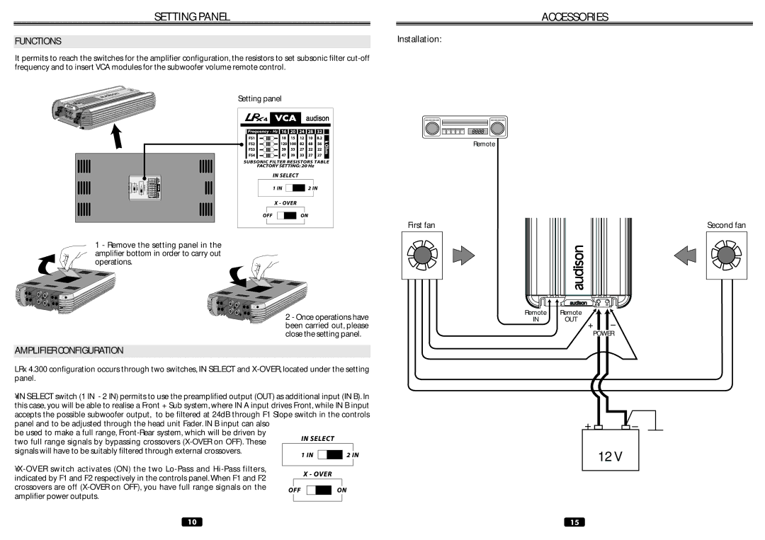 Audison LRX 4.300 manual Setting Panel, Accessories, Amplifier Configuration 