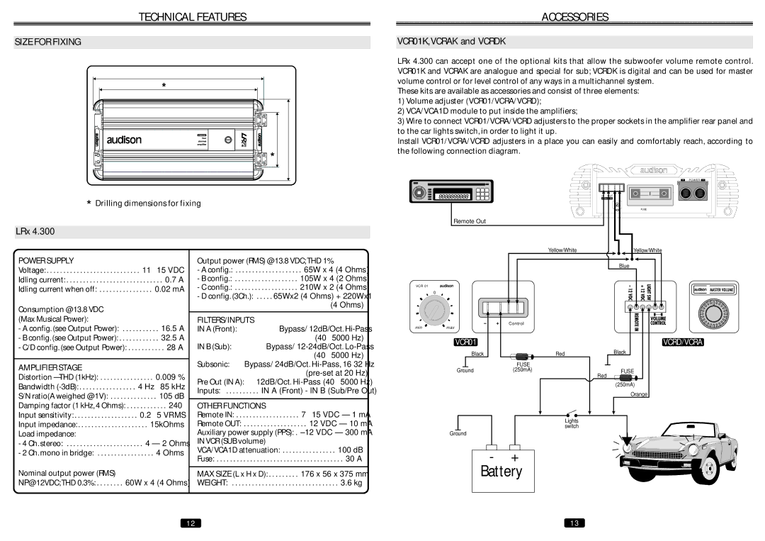 Audison LRX 4.300 manual Technical Features, Size for Fixing, LRx, VCR01K,VCRAK and Vcrdk 