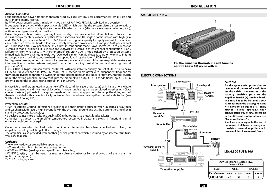 Audison LRX 4.300 manual Description, Amplifier Fixing Electric Connections, LRx 4.300 Fuse 30A 