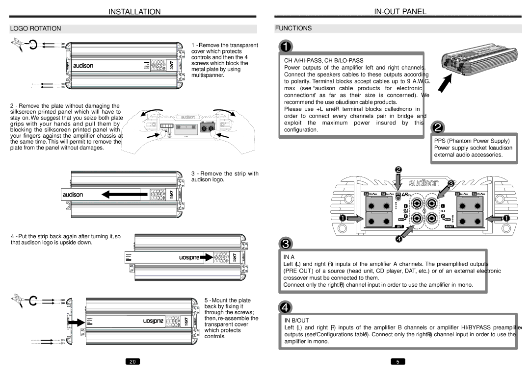 Audison LRX 4.300 manual IN-OUT Panel, Logo Rotation, Functions, Ch A/Hi-Pass, Ch B/Lo-Pass, B/Out 